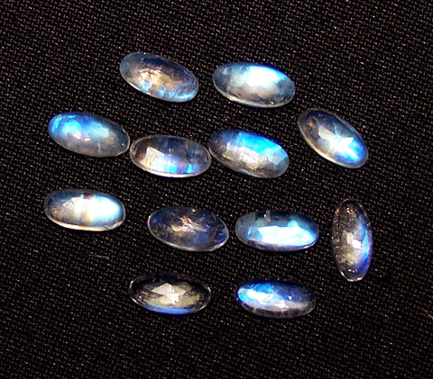 4 x 10 MM Blue Flashy White Rainbow Moonstone Rose Cut Cabochon,12 Pieces, Wholesale Parcel/Lot of Long Oval Loose Gems,100 % Natural Gems AAA