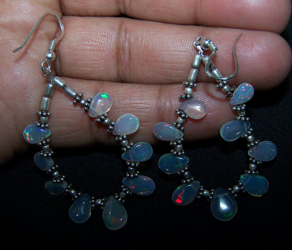 18.15 cts Rainbow Fire Natural Ethiopian Welo Opal Briolette Drop Beads & Oxidized Silver Findings Hoop Earrings AAA