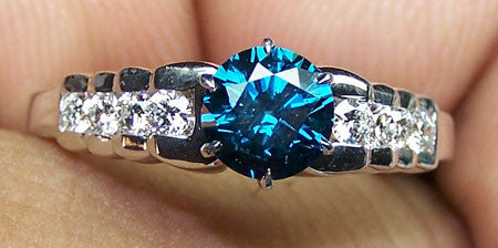 Signature Fancy Peacock Blue Diamond Brilliant Cut & G/H VS Diamond Bridal Engagement Ring Set 18 K White Gold