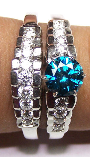 Signature Fancy Peacock Blue Diamond Brilliant Cut & G/H VS Diamond Bridal Engagement Ring Set 18 K White Gold