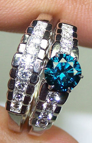 Signature Fancy Peacock Blue Diamond Brilliant Cut & G/H VS Diamond Bridal Engagement Ring Set 18 K White Gold