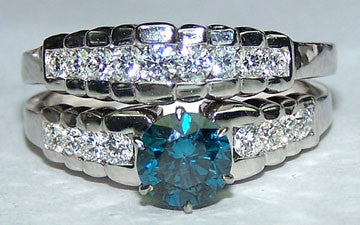 Signature Fancy Peacock Blue Diamond Brilliant Cut & G/H VS Diamond Bridal Engagement Ring Set 18 K White Gold