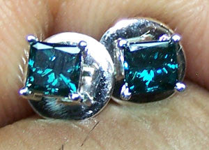 1/2 carat T.W. Enhanced Sea-Blue Color Fancy Diamond Princess Cut Solitaire,SI Clarity, 18 K White Gold Stud Earrings