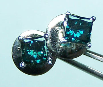 1/2 carat T.W. Enhanced Sea-Blue Color Fancy Diamond Princess Cut Solitaire,SI Clarity, 18 K White Gold Stud Earrings