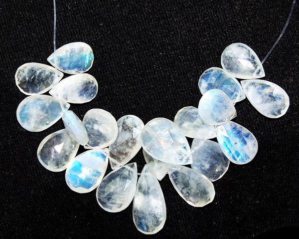 114.40 cts Blue Flashy White Rainbow Moonstone Almond Pear Briolette Drops (21 Pcs) Beads Mini - Layout 9.5 x 19 MM  > For Necklace, Earrings etc...
