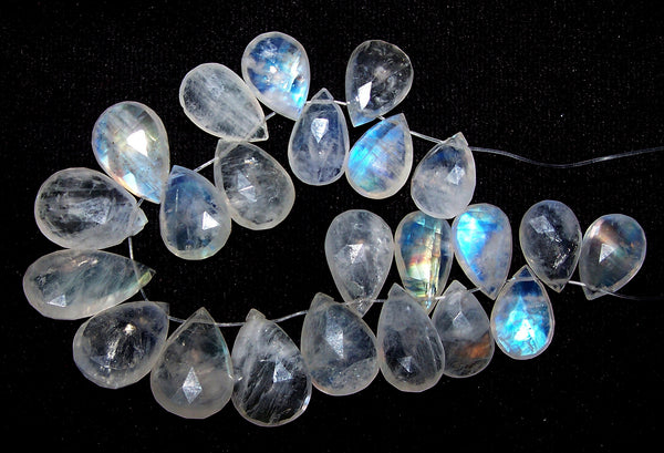 154.80 cts Blue Flashy White Rainbow Moonstone Almond Pear Briolette Drops (23 Pcs) Beads Mini - Layout 9.5 x 19 MM  > For Necklace, Earrings etc...