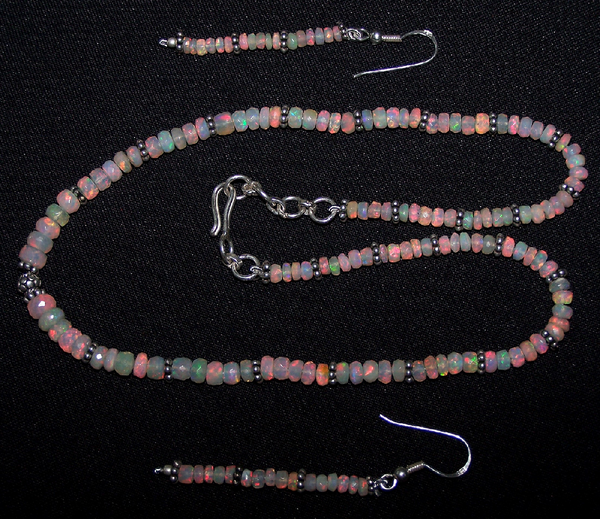 Insane Fire Natural Ethiopian Welo Opal Necklace of Micro Faceted Beads & Oxidized Silver Pandora Findings : Designer Necklace with matching earrings AAA