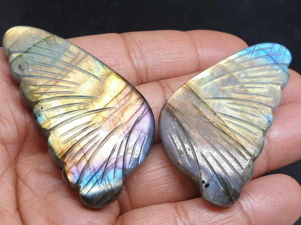 One Of A Kind: Large Golden Purple Fire Play Multi Labradorite Fancy Butterfly Wings Shaped Hand Carved Gems, Loose Gems for Jewelry 100 % Natural AAA