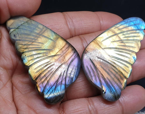 One Of A Kind: Large Golden Purple Fire Play Multi Labradorite Fancy Butterfly Wings Shaped Hand Carved Gems, Loose Gems for Jewelry 100 % Natural AAA