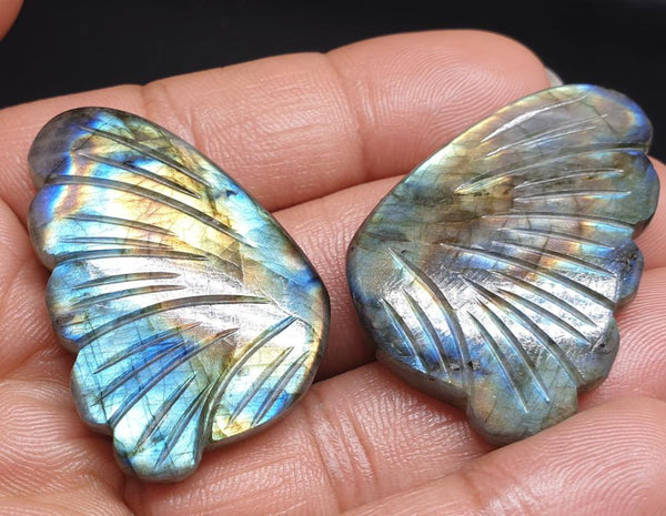 One Of A Kind: Large Golden Eye Blue Fire Play Multi Labradorite Fancy Butterfly Wings Shaped Hand Carved Gems, Loose Gems for Jewelry 100 % Natural AAA