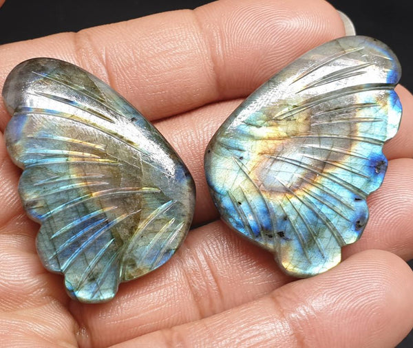 One Of A Kind: Large Golden Eye Blue Fire Play Multi Labradorite Fancy Butterfly Wings Shaped Hand Carved Gems, Loose Gems for Jewelry 100 % Natural AAA
