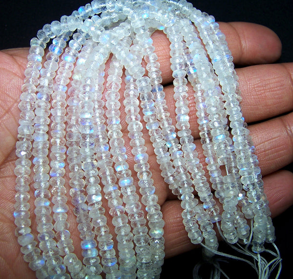 High Quality Transparent & Natural White Rainbow Fire Moonstone Micro Faceted Roundel Beads String 5 - 5.5 - 6 MM, 17 " Long AAA +