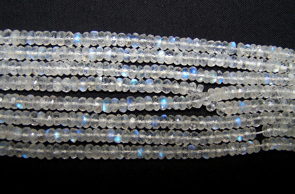 High Quality Transparent & Natural White Rainbow Fire Moonstone Micro Faceted Roundel Beads String 5 - 5.5 - 6 MM, 17 " Long AAA +