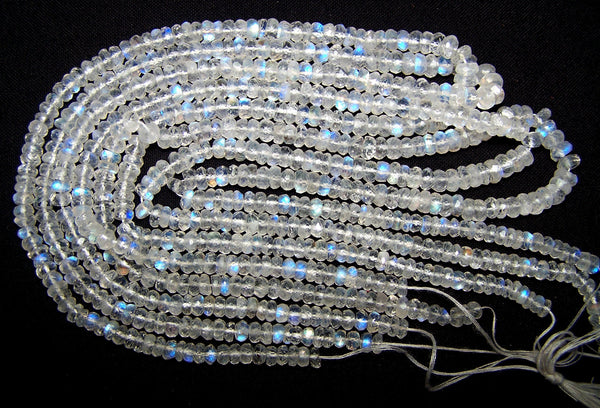 High Quality Transparent & Natural White Rainbow Fire Moonstone Micro Faceted Roundel Beads String 5 - 5.5 - 6 MM, 17 " Long AAA +