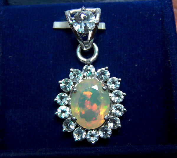 Ethiopian Opal Insane Rainbow Fire Pendant with White Topaz Cluster in Sterling Silver