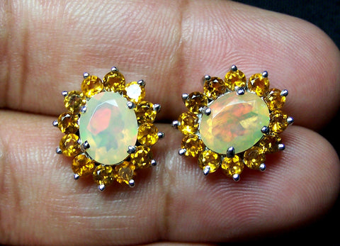 5.67 Cts Sunset Opal and Citrine Cluster Silver Earring - Insane Fire Play Faceted Oval of Ethiopian Welo AAA