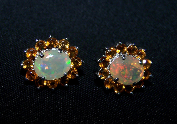 5.67 Cts Sunset Opal and Citrine Cluster Silver Earring - Insane Fire Play Faceted Oval of Ethiopian Welo AAA