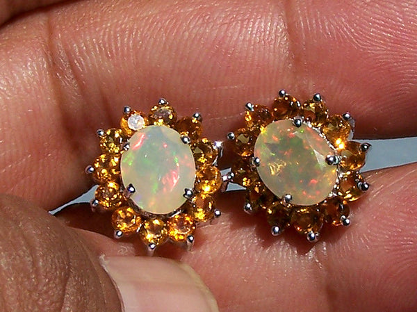 5.67 Cts Sunset Opal and Citrine Cluster Silver Earring - Insane Fire Play Faceted Oval of Ethiopian Welo AAA