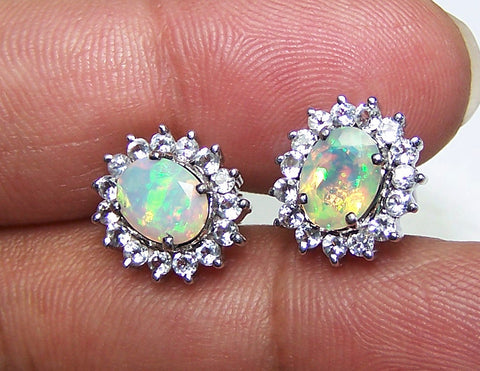 2.88 cts Insane Rainbow Fire Faceted Ethiopian Welo Opal & White Topaz Cluster Silver Earring AAA