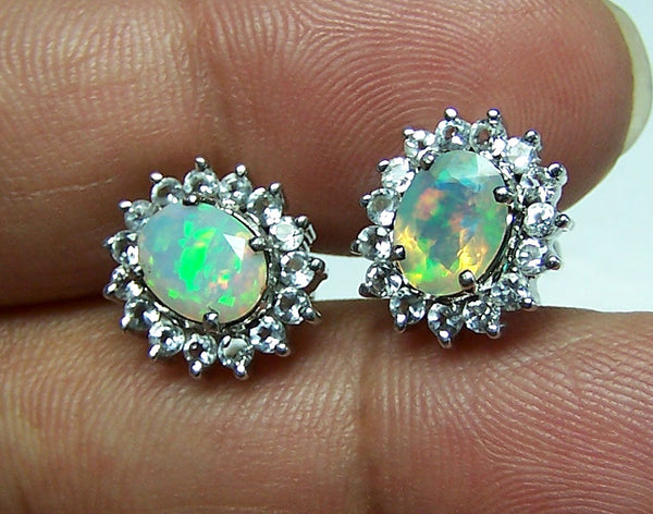 2.88 cts Insane Rainbow Fire Faceted Ethiopian Welo Opal & White Topaz Cluster Silver Earring AAA