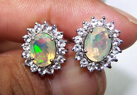 Insane Multi Rainbow Fire Ethiopian Opal 7*9 MM, Faceted Oval & White Topaz Cluster Silver Ear-Stud