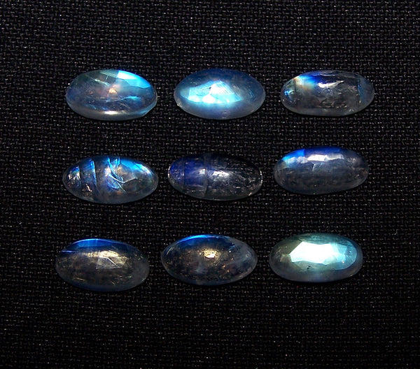 5 x 10 MM Blue Flashy White Rainbow Moonstone Rose Cut Cabochon,9 Pieces, Wholesale Parcel/Lot of Long Oval Loose Gems,100 % Natural Gems AAA