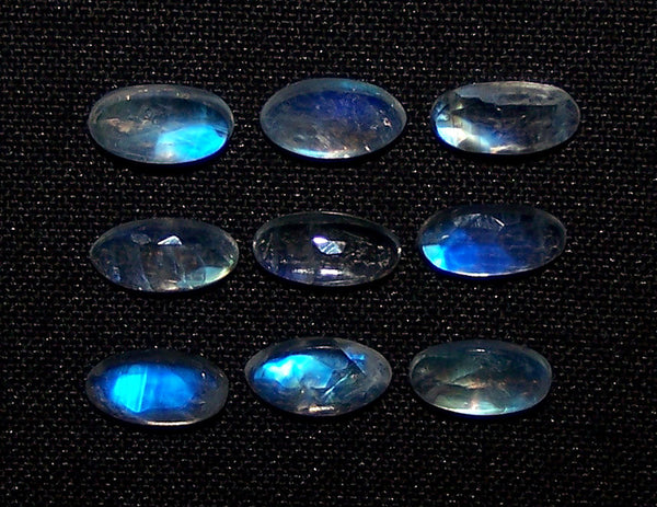 5 x 10 MM Blue Flashy White Rainbow Moonstone Rose Cut Cabochon,9 Pieces, Wholesale Parcel/Lot of Long Oval Loose Gems,100 % Natural Gems AAA