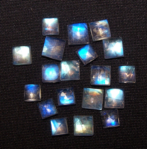 5 x 5 MM to 6 x 6 MM Blue Flashy White Rainbow Moonstone Rose Cut Square Cabochon,19 Pieces, Wholesale Parcel/Lot of Square Cabochon Loose Gems,100 % Natural Gems AAA
