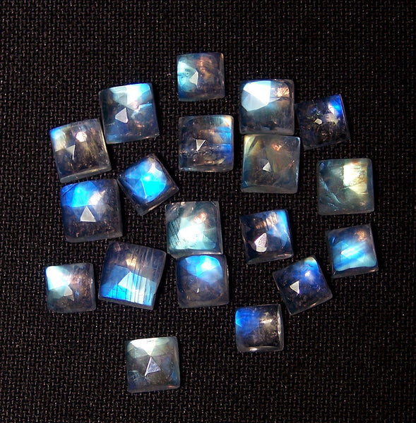 5 x 5 MM to 6 x 6 MM Blue Flashy White Rainbow Moonstone Rose Cut Square Cabochon,19 Pieces, Wholesale Parcel/Lot of Square Cabochon Loose Gems,100 % Natural Gems AAA