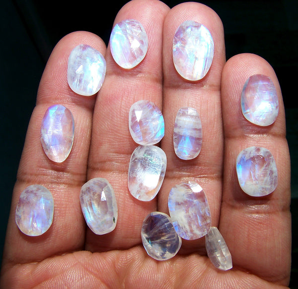 95 cts Blue Flashy White Rainbow Moonstone Faceted Slice Gems,34 Pieces, Wholesale Parcel/Lot of Free Form Loose Gems,100 % Natural AAA