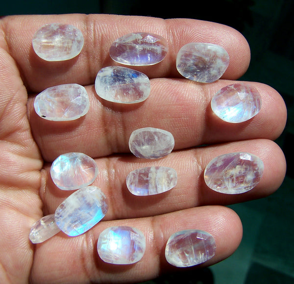 149 cts Blue Flashy White Rainbow Moonstone Faceted Slice Gems,90 Pieces, Wholesale Parcel/Lot of Free Form Loose Gems,100 % Natural AAA