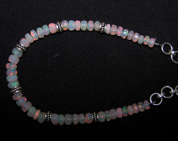 Insane Fire Natural Ethiopian Welo Opal Silver Bracelet of Micro Faceted Beads & Oxidized Silver Pandora Findings AAA