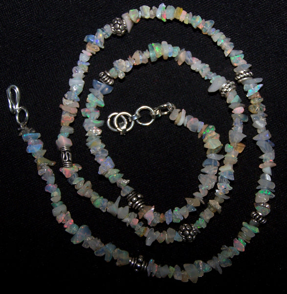Multi Rainbow Fire Free Form Ethiopian Welo Opal Chip bead Necklace 18 " Long with Oxidized Silver Designer Beads AAA