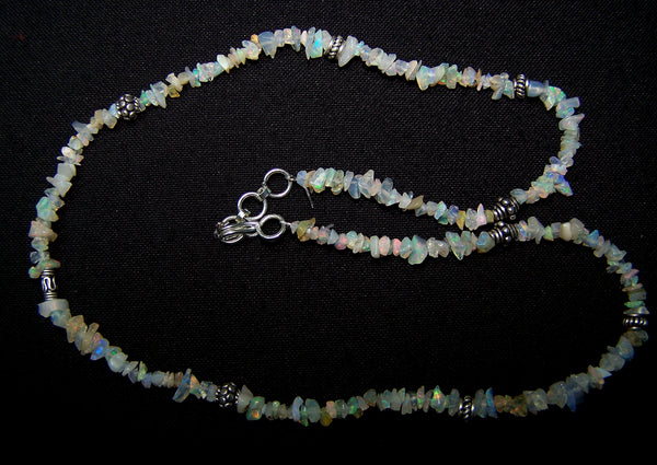 Multi Rainbow Fire Free Form Ethiopian Welo Opal Chip bead Necklace 18 " Long with Oxidized Silver Designer Beads AAA
