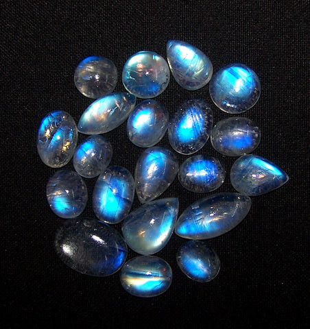 144 cts Blue Flashy White Rainbow Moonstone Cabochon,20 Pieces, Wholesale Parcel/Lot of Oval,Round,Pear shape, Loose Gem,100 % Natural Gems AAA