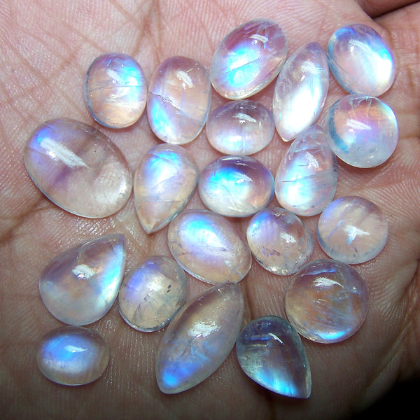 144 cts Blue Flashy White Rainbow Moonstone Cabochon,20 Pieces, Wholesale Parcel/Lot of Oval,Round,Pear shape, Loose Gem,100 % Natural Gems AAA