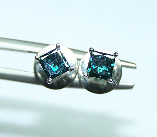 1/2 carat T.W. Enhanced Sea-Blue Color Fancy Diamond Princess Cut Solitaire,SI Clarity, 18 K White Gold Stud Earrings