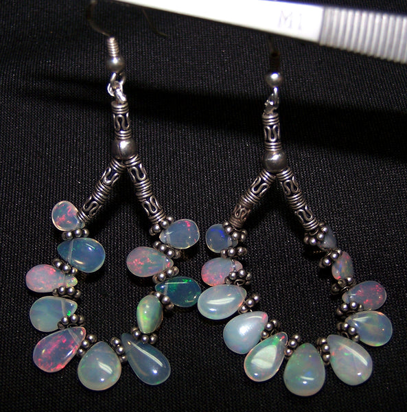 19.68 cts Rainbow Fire Natural Ethiopian Welo Opal Briolette Drop Beads & Oxidized Silver Findings Hoop Earrings AAA