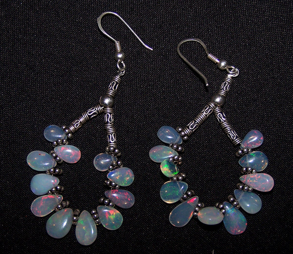 19.68 cts Rainbow Fire Natural Ethiopian Welo Opal Briolette Drop Beads & Oxidized Silver Findings Hoop Earrings AAA