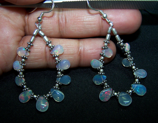 18.15 cts Rainbow Fire Natural Ethiopian Welo Opal Briolette Drop Beads & Oxidized Silver Findings Hoop Earrings AAA
