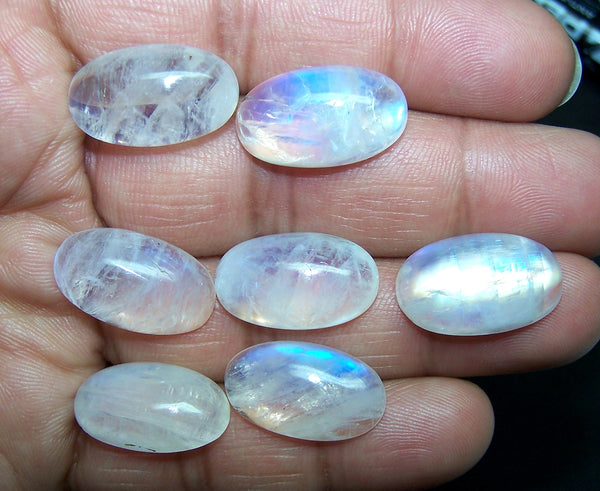 Masterpiece 13 x 22 MM Flashy White Rainbow Moonstone Cabochon,7 Pieces, Wholesale Parcel/Lot Sample of Oval shape, Loose Gem,100 % Natural Gems AA
