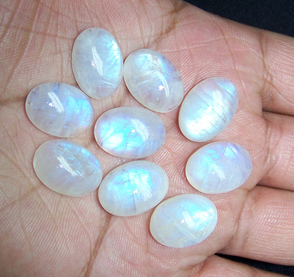 Masterpiece 13 x 18 MM Flashy White Rainbow Moonstone Cabochon,9 Pieces, Wholesale Parcel/Lot Sample of Oval shape, Loose Gem,100 % Natural Gems AA