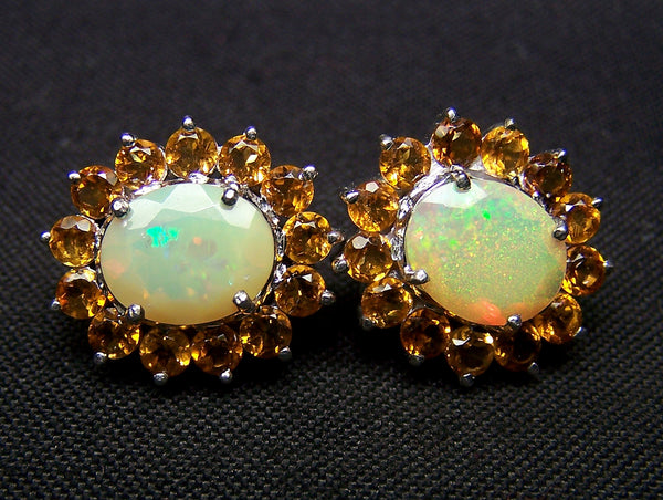 5.87 Cts Sunset Opal and Citrine Cluster Silver Earring - Insane Fire Play Faceted Oval of Ethiopian Welo AAA