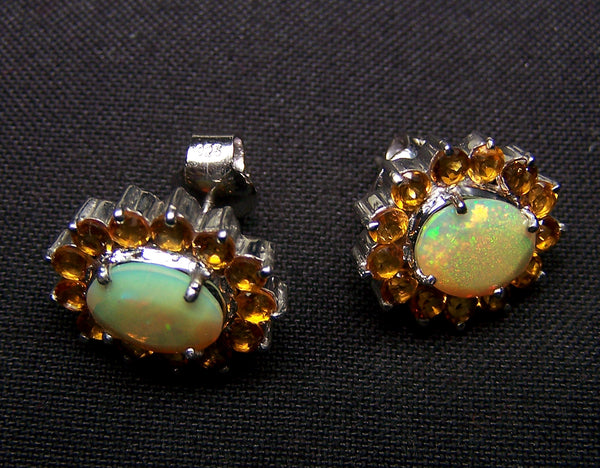 5.87 Cts Sunset Opal and Citrine Cluster Silver Earring - Insane Fire Play Faceted Oval of Ethiopian Welo AAA