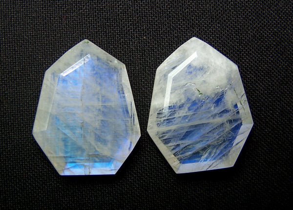 Masterpiece Collection : 26 x 20 mm Natural White Rainbow Moonstone Fancy Shield Cut Faceted Gems > Pair with Blue Fire