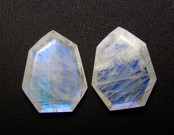 Masterpiece Collection : 26 x 20 mm Natural White Rainbow Moonstone Fancy Shield Cut Faceted Gems > Pair with Blue Fire