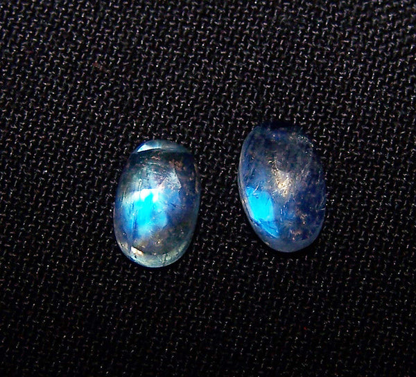 5 x 8 MM Blue Flashy White Rainbow Moonstone Rose Cut Cabochon,2 Pieces - 1 Pair, Loose Gems,100 % Natural Gems AAA