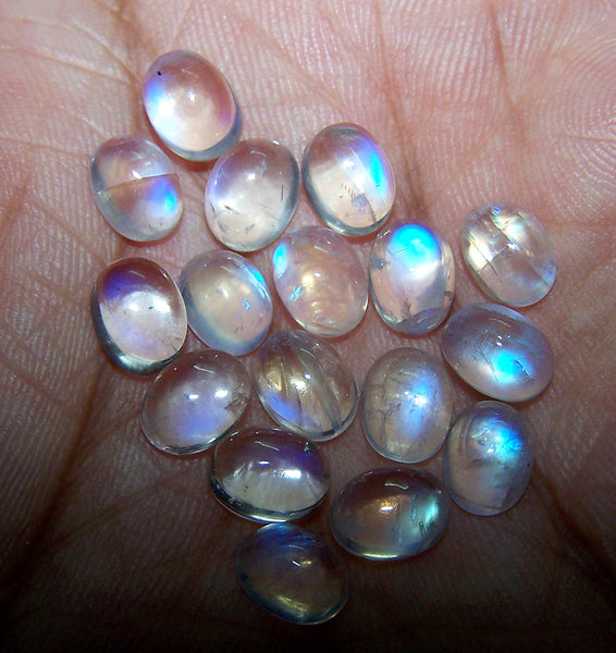 Masterpiece Collection : 22.70 cts White Rainbow Flashy 6 x 8 MM Moonstone Oval Cabochons, 14 Pieces, Wholesale Parcel/Lot of Loose Gems,100 % Natural Gems AAA