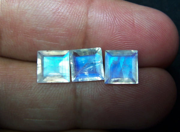 5 cts High Quality Blue Flashy White Rainbow Moonstone Faceted Square Cut 3 Pieces Lot/Parcel Loose Gems,100 % Natural Gems AAA
