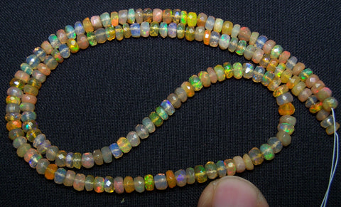 41.70 cts Insane Natural Multi Rainbow Color Play, Orange Transparent Ethiopian Welo Opal Micro Faceted Beads String 4 to 4.8 MM AAA 16 inch